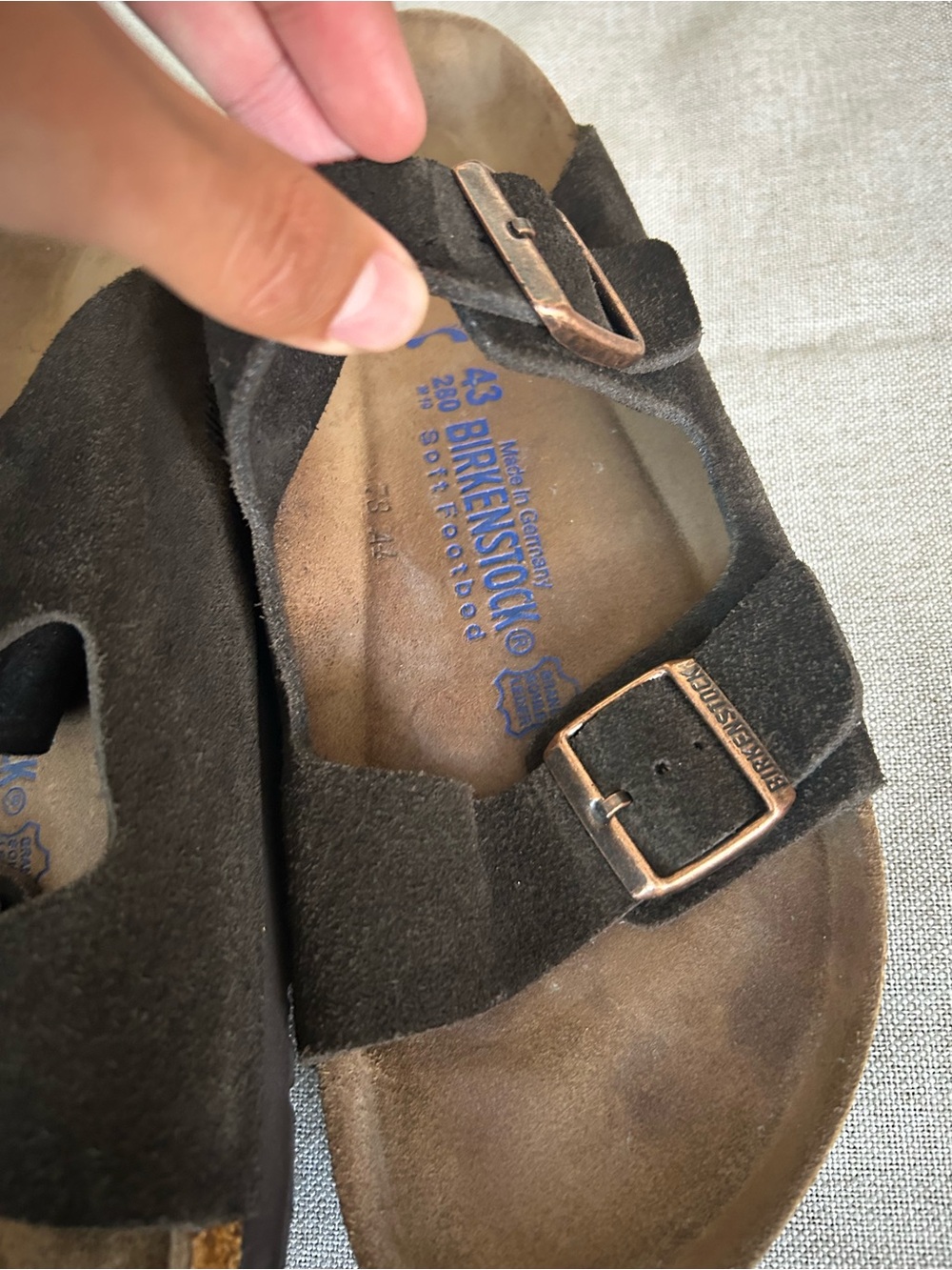 Birkenstock Black Suede Two-Buckle Slides with Copper Buckles - Picture 2 of 3
